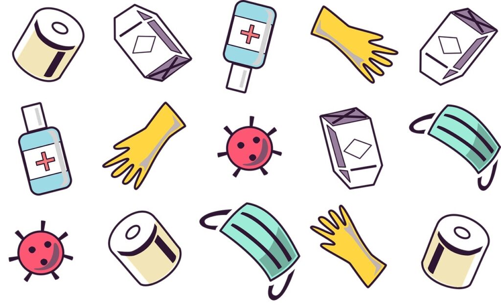 Icons representing hand sanitizer, gloves, virus, face mask. 