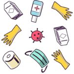 Icons representing hand sanitizer, gloves, virus, face mask.