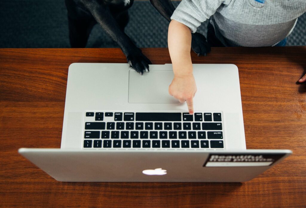 Wpływ pandemii na pracowników. Widok z góry na otwarty laptop. Łapa psa i rączka dziecka dotykające komputer. 