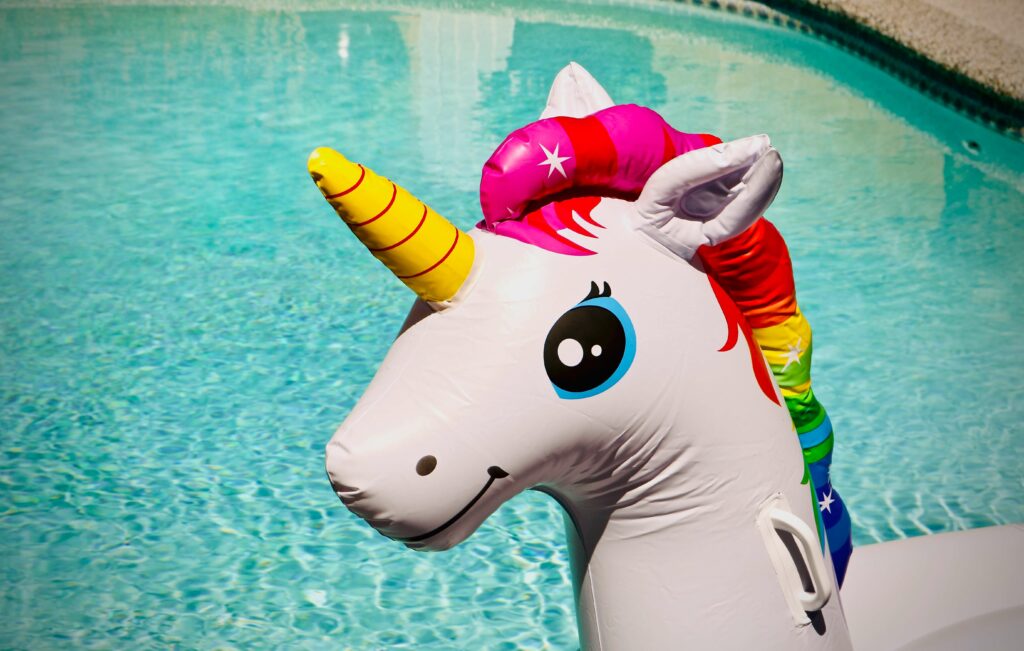 A floating unicorn on a swimming pool. Metaphor for high expectations for user experience (UX) jobs. 